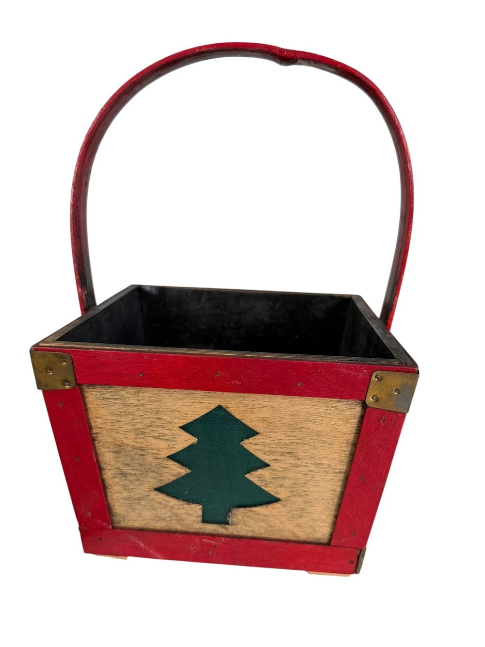 Vintage FTD Wooden Christmas Tree Basket Red Green Holiday Floral Container